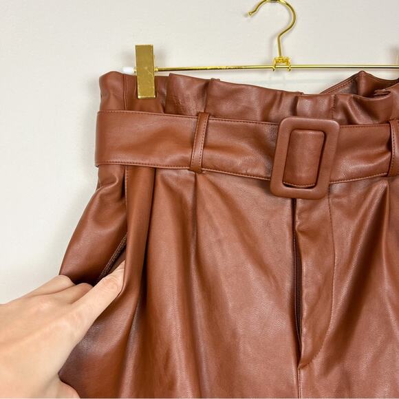 H&M Brown Vegan Leather Belted Paper Bag Trousers Tapered Pants Size 6 - Picture 5 of 11